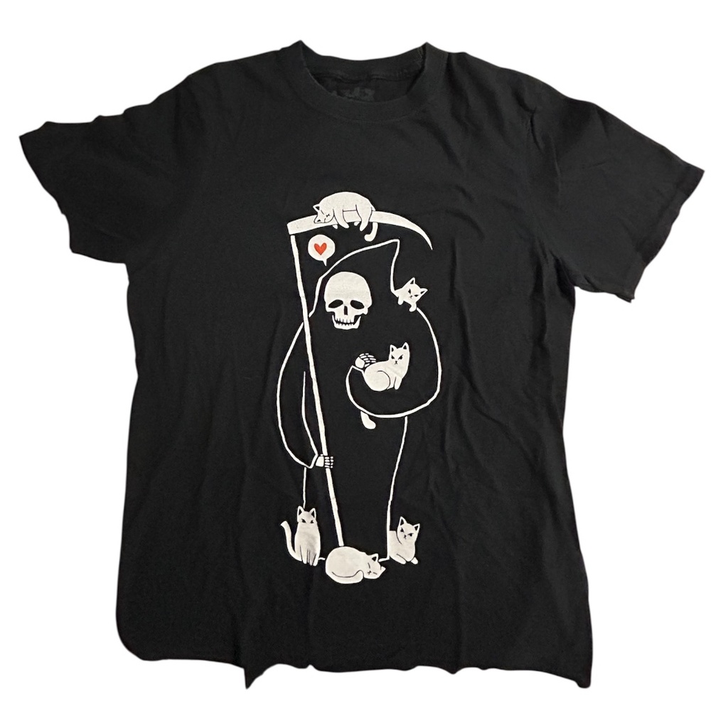 Black T-Shirt with Cat and Skeleton Grim Reaper Design Adult Small